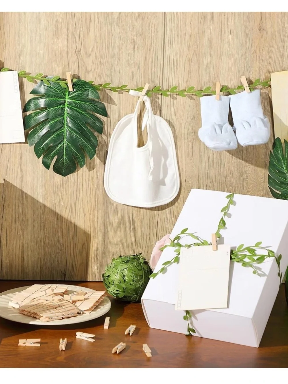 Mini Wooden Clothespins with Green Leaf Garland for Home Party Decor